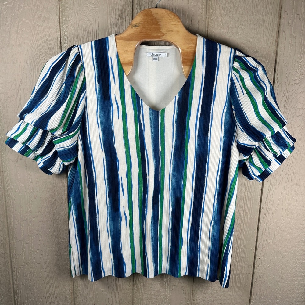 Chico's Blouse Womens Sz 4/XXL Blue Green White Stripe Ruffle Puff Sleeve V-Neck